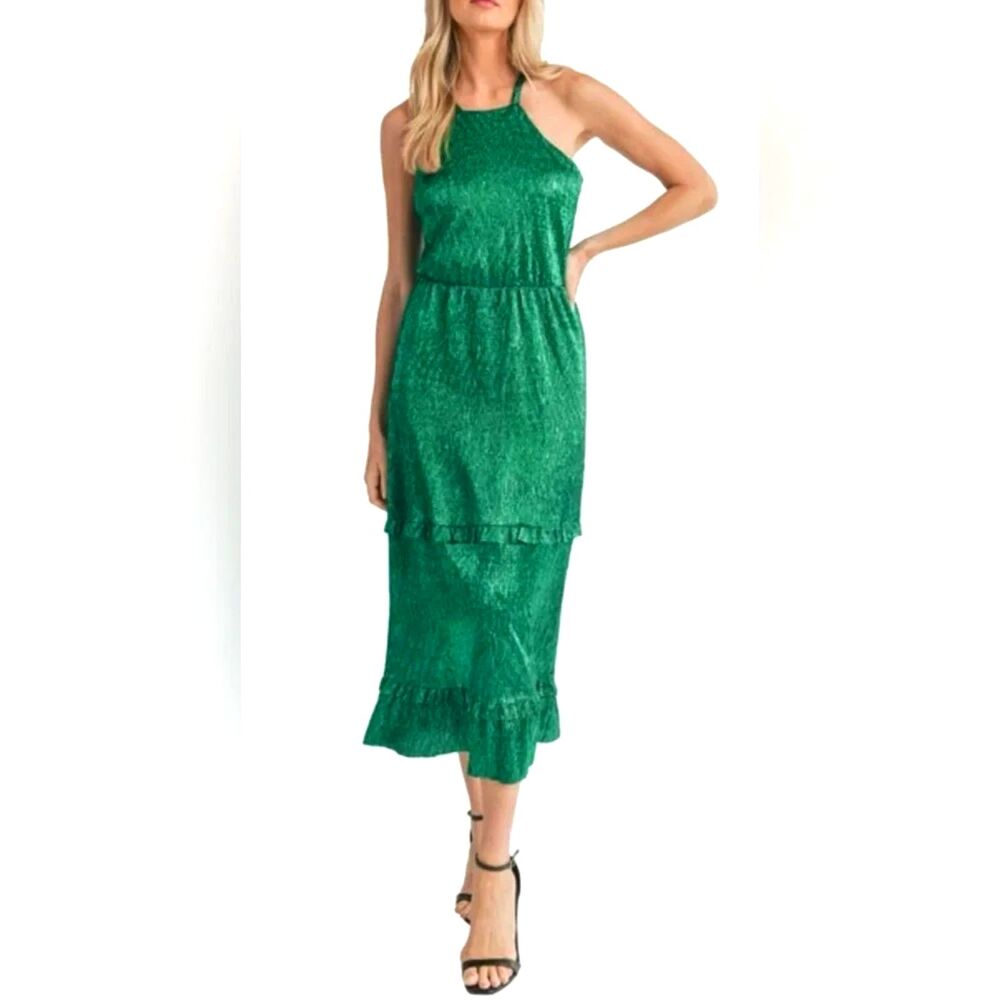 Mila Mae Metallic Emerald Green Tiered Midi Dress